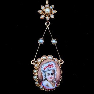 Antique Vintage Portrait Miniature Pendant of Lady Pink Ribbon Yellow Gold Chain